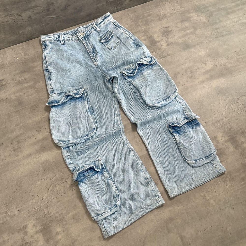 00 Luluris 9 Cargo Pocket Light Wash Baggy Fit Wide Legged Denim Jean's Pant's